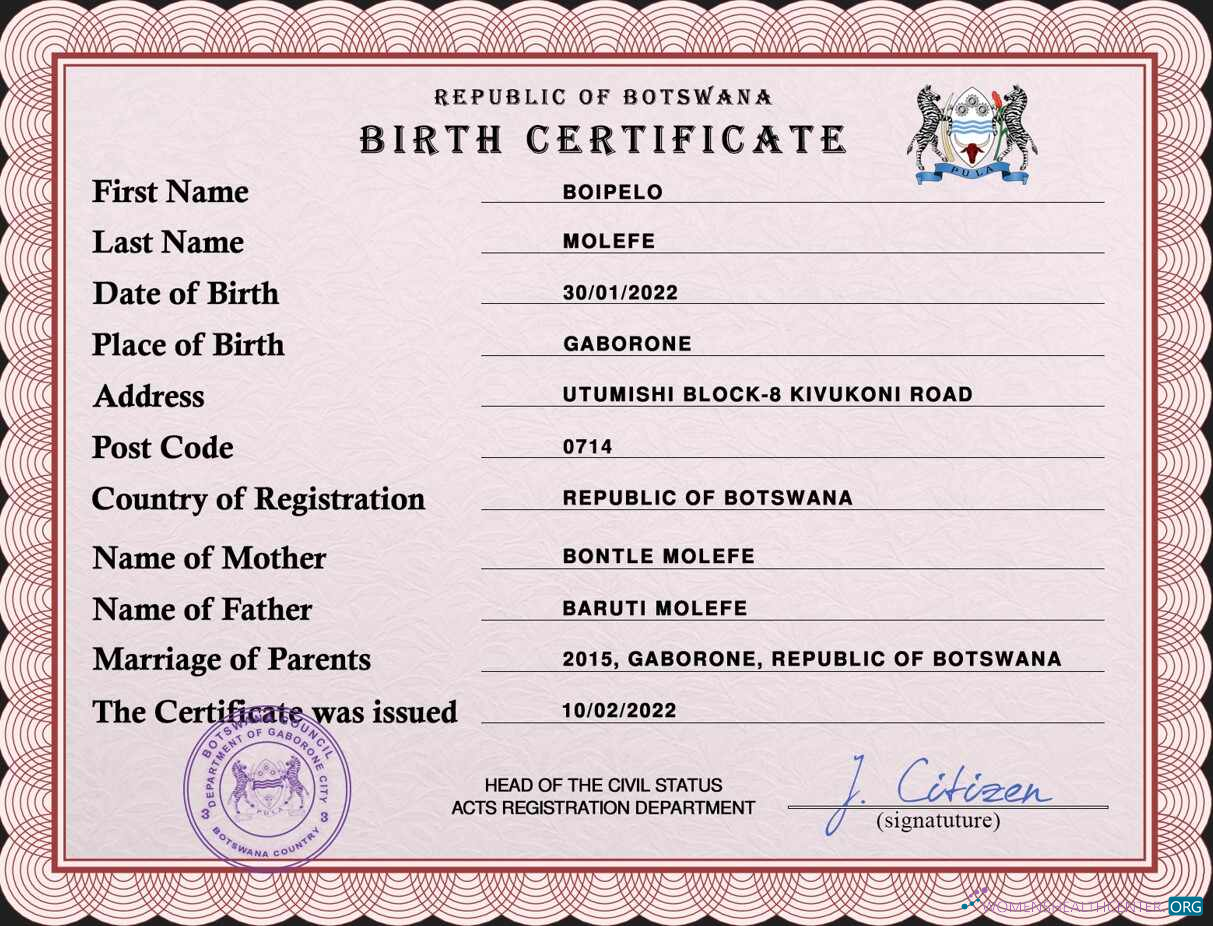 Download Botswana vital record birth certificate PSD template Photoshop template
